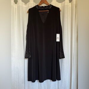 NWT Jessica Howard Black Dress with Embellished Sleeves and Cold Shoulder